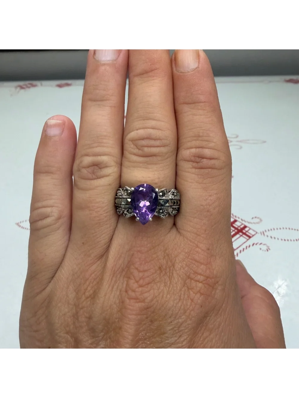 Judith Jack amethyst marcasite & sterling ring size 8 vintage